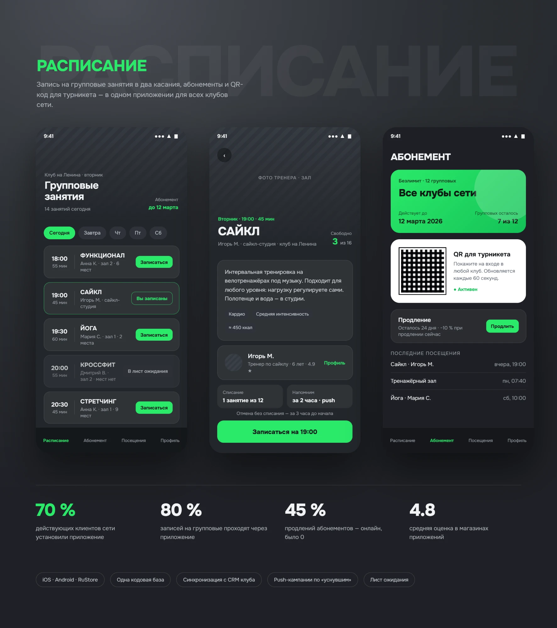 Приложение для сети фитнес-клубов: запись в два касания